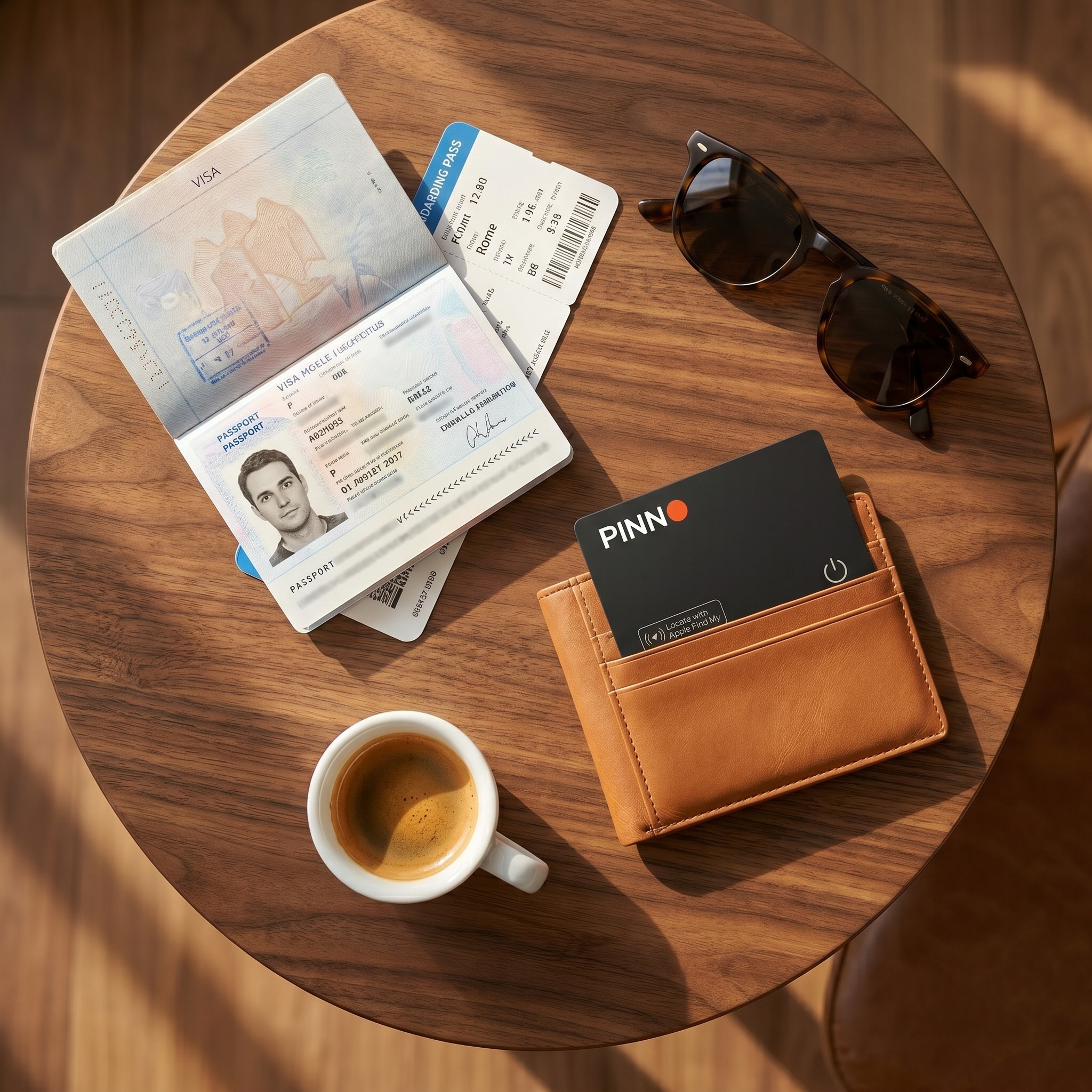 Travel flat-lay with passport, boarding pass and the PINNO tracking card in a wallet