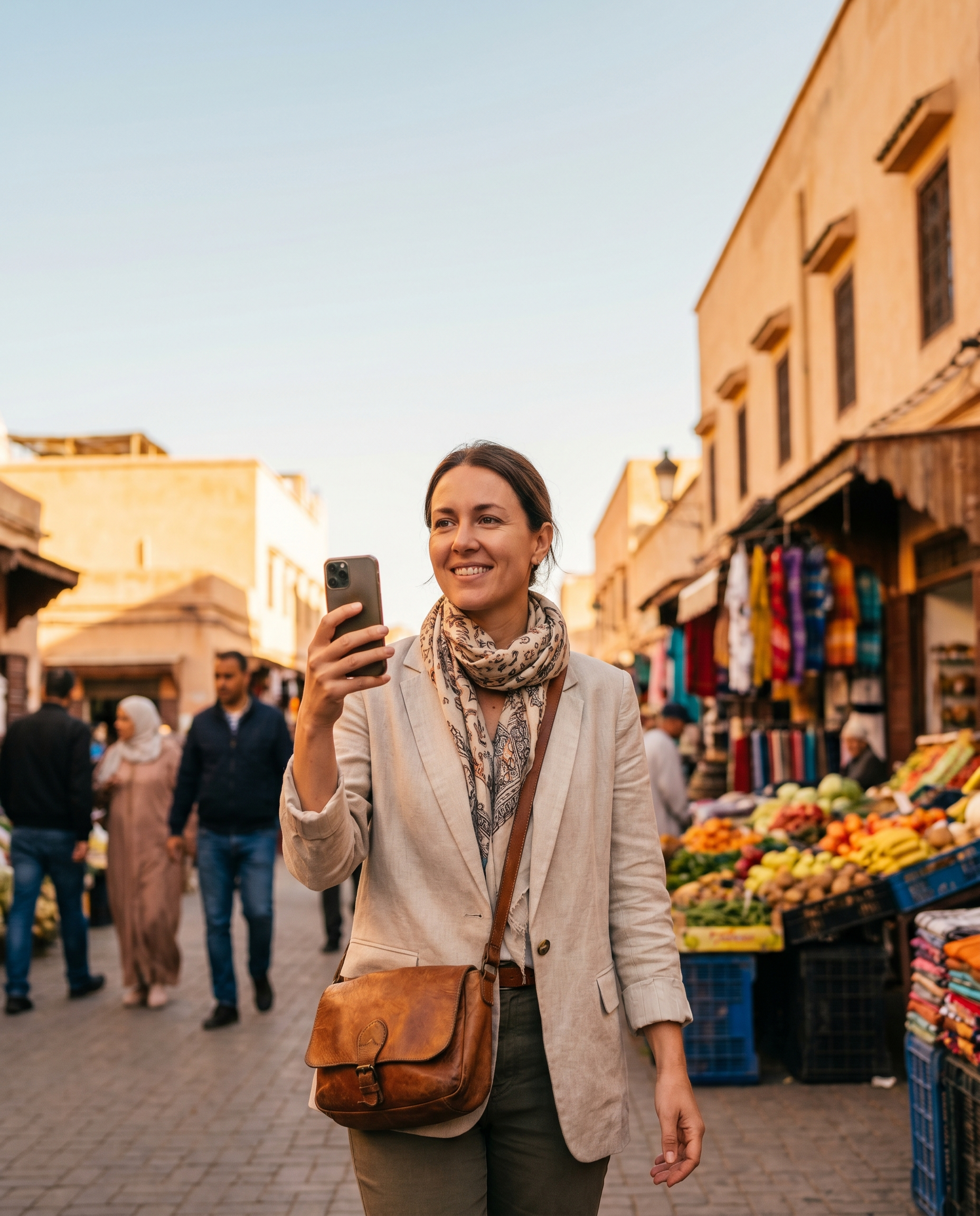 Traveler walking confidently through a market street, protected against pickpockets